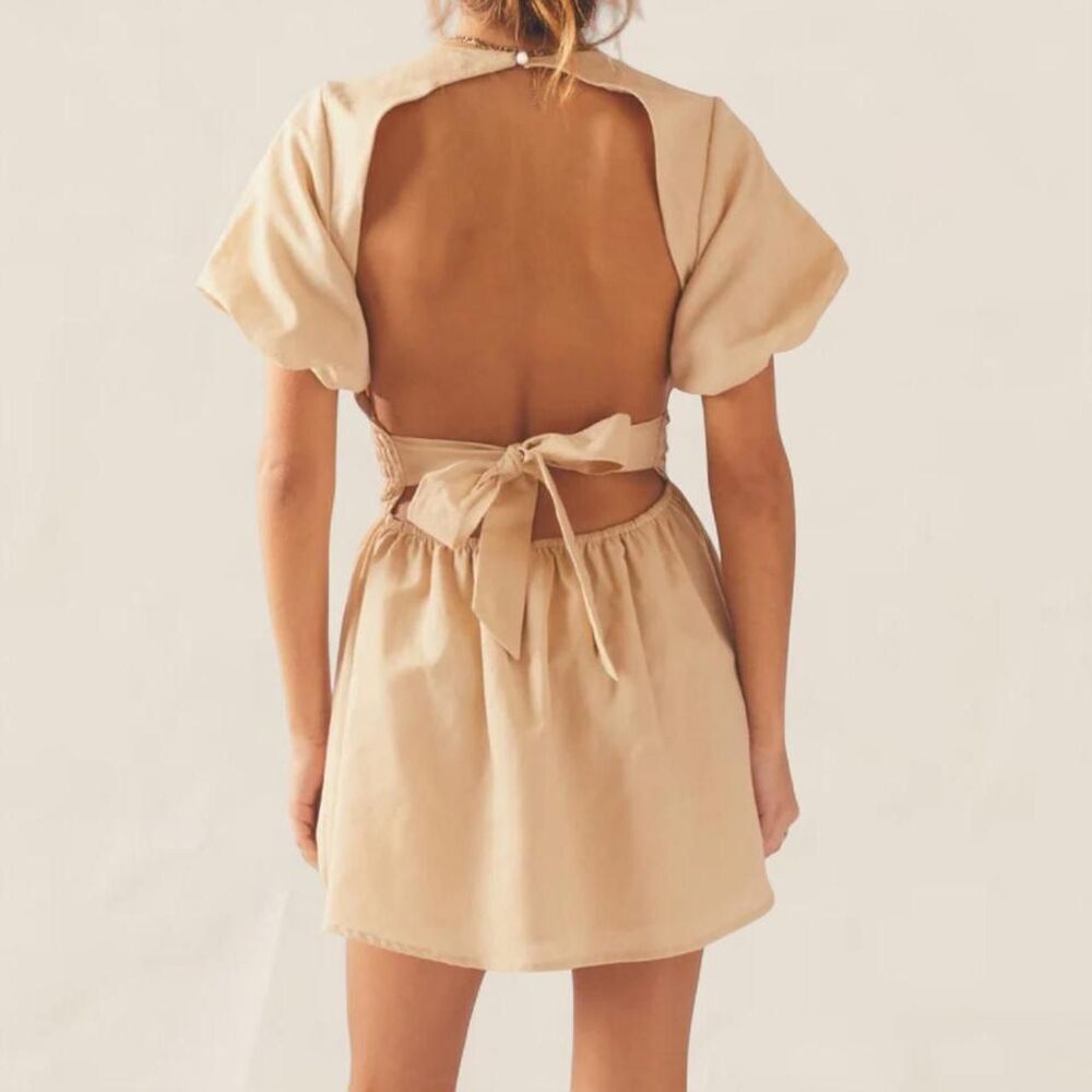 Peppermayo tan Lani Linen open back Mini Dress | babydoll size 2 - Picture 2 of 8